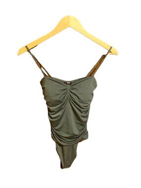 Express Body Contour Compression Ruched Bodysuit With Bra Cups, Green, XS